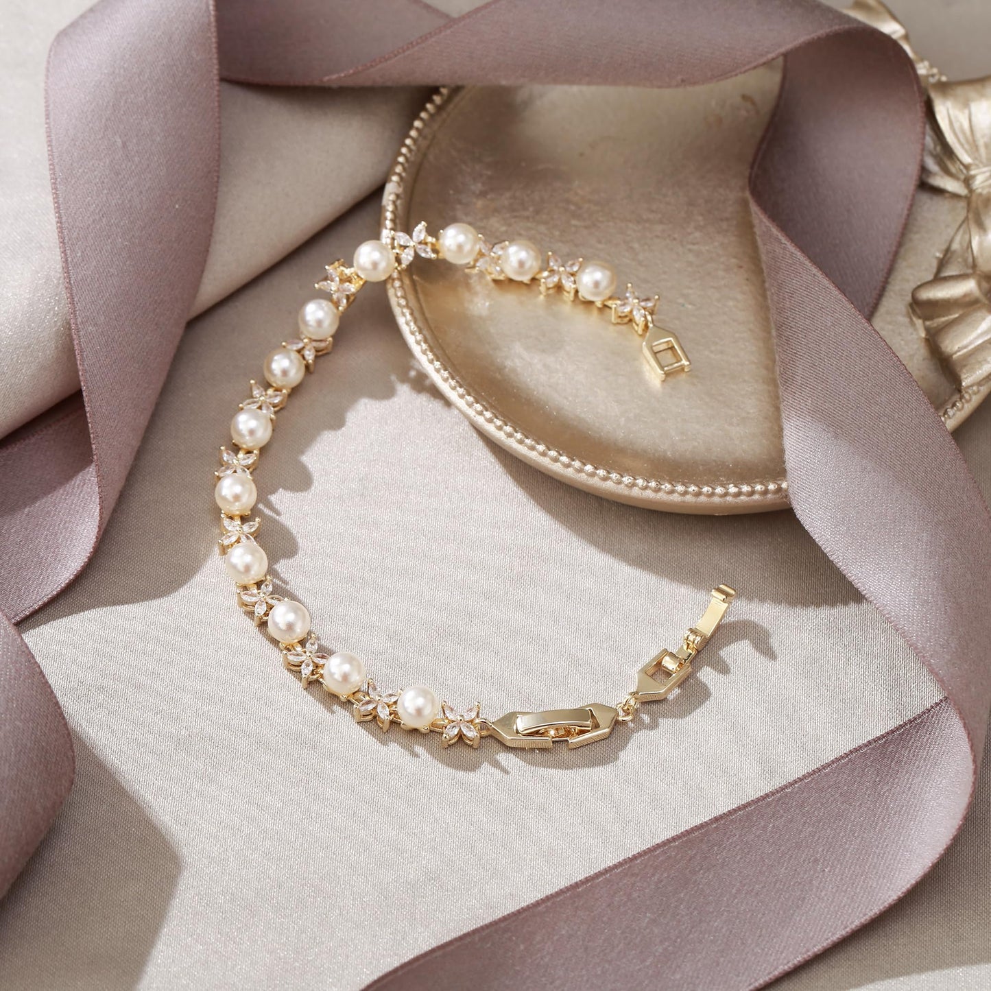 EVER FAITH Wedding Jewelry for Bride White Marquise Cubic Zirconia Cream Faux Pearl Floral Bridal Prom Tennis Bracelet for Women Clear Gold-Plated-Brass