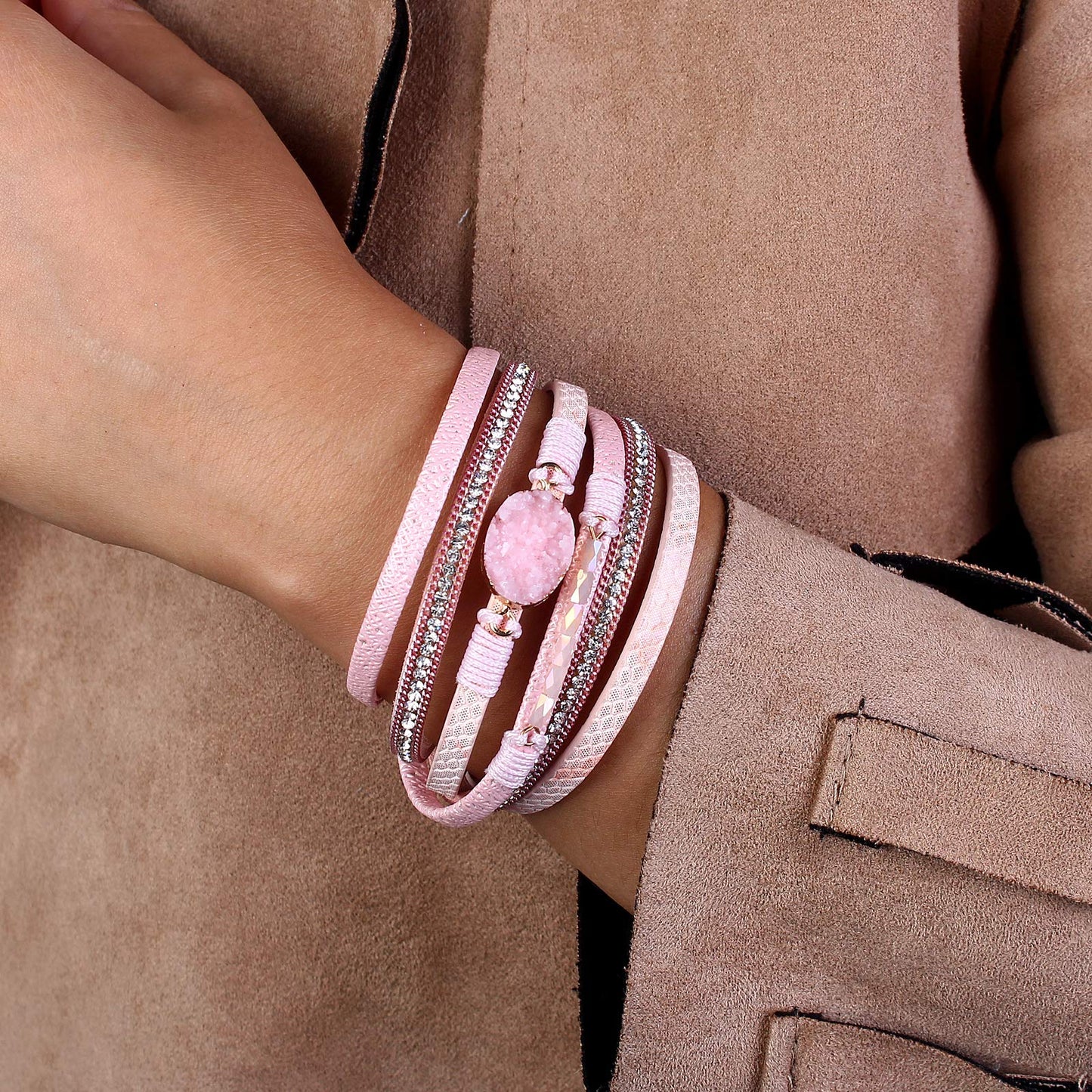 FANCY SHINY Boho Leather Wrap Bracelet Stackable Chunky Crystal Cuff Bracelets with Magnetic Clasp Cowboy Cowgirl Western Summer Beach Outfits Jewelry Gifts for Women (14.7", Pink)