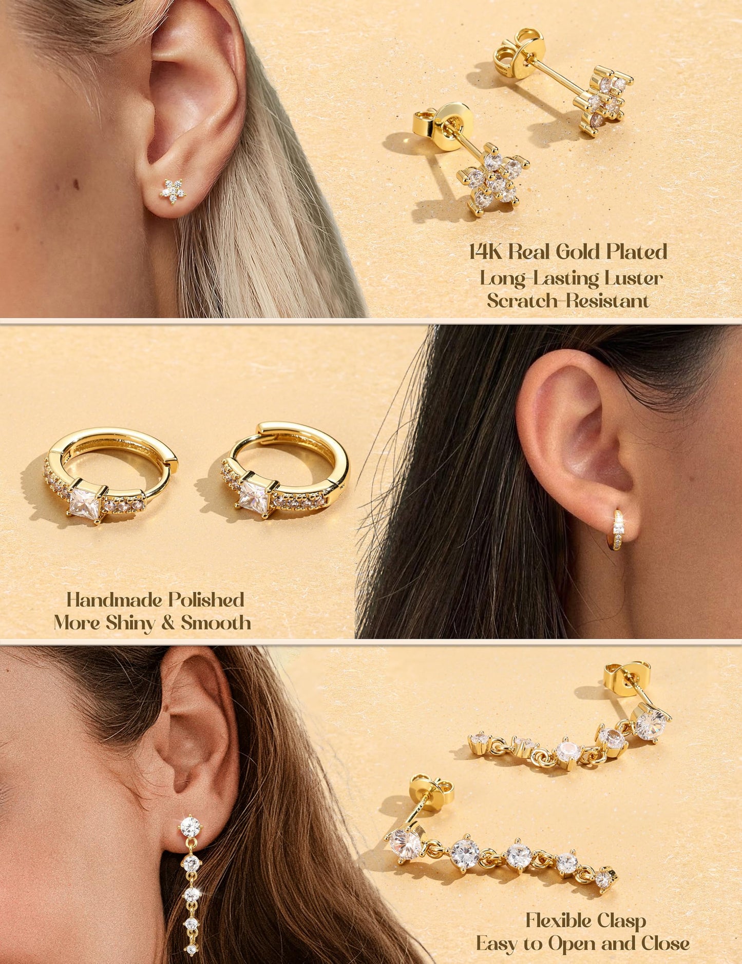 MILACOLATO 5Pairs 925 Sterling Silver Earrings for Women 14K Gold Plated Stud Huggie Hoop Earrings Sets for Multiple Piercing Hypoallergenic CZ Pearl Cartilage Earrings Stacks Trendy Gifts