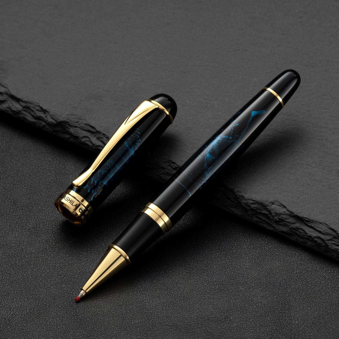 HUASHILAI Luxury Metal Rollerball Pen Set – Stainless Steel Barrel, Cool Fine Point Pen with Gift Box & 2 Extra Refills – Premium Business & Signature Pens for Men & Women (Black with Blue Fireworks)