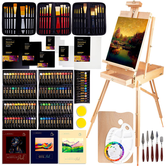 163-Piece French Easel Painting Set | All-in-One Deluxe Artist Starter Kit w/Wooden Field & Studio Sketch Box Easel for Adult, 100+ Professional Paints, Stretched & Panel Canvases, Brushes, Palettes