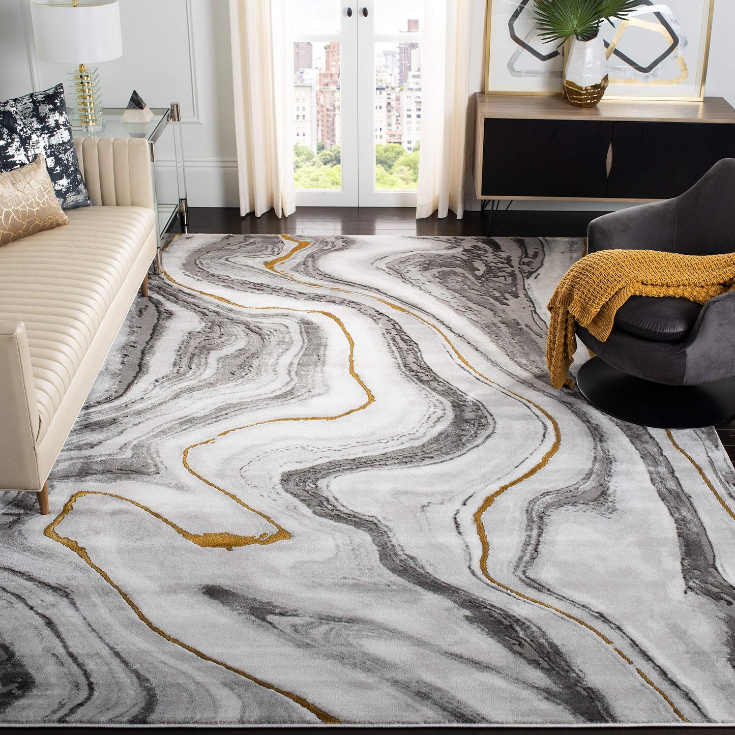 SAFAVIEH Craft Collection Area Rug - 11' Square, Grey & Gold, Modern Abstract Design, Non-Shedding & Easy Care, Ideal for High Traffic Areas in Living Room, Bedroom (CFT819F)