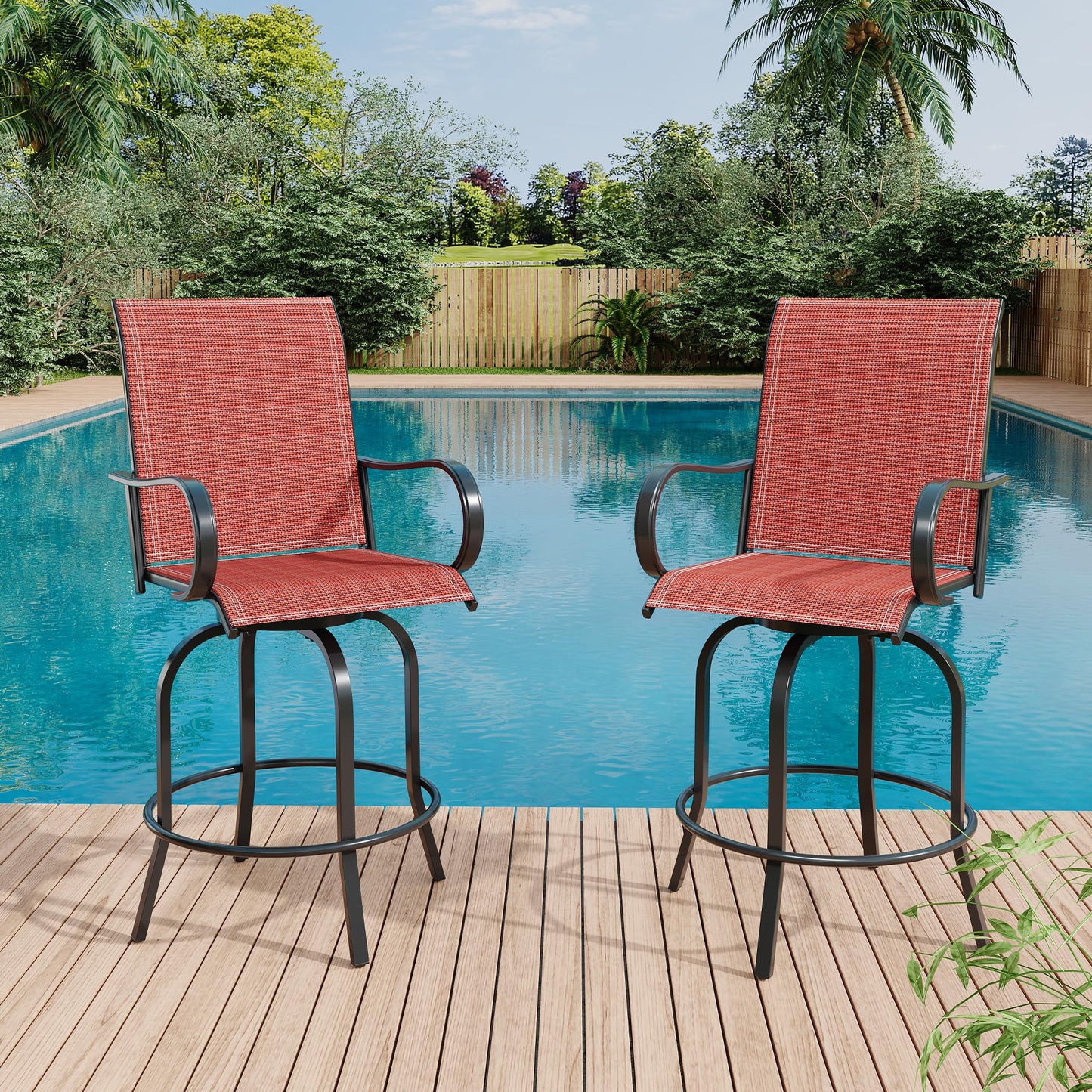 Outdoor Swivel Bar Stools Set of 2, Bar Height Patio Chairs with High Back & Armrest, All-Weather Textilene Fabric 360° Swivel Tall Barstools for Patio, Deck, Backyard, Garden