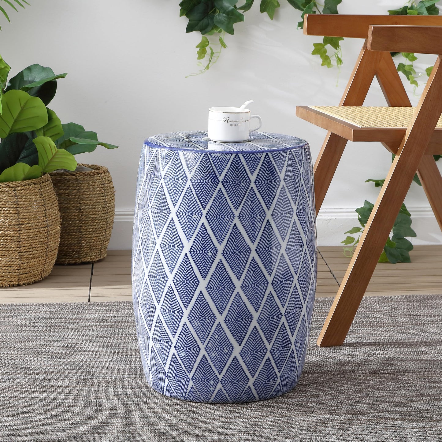JONATHAN Y TBL1019A Moroccan Diamonds 18" Ceramic Drum Indoor/Outdoor Garden Stool, Coastal, Contemporary, Side Table, Plant Stand, Spill-Proof, Living Room, Garden Room, Patio, Blue/White