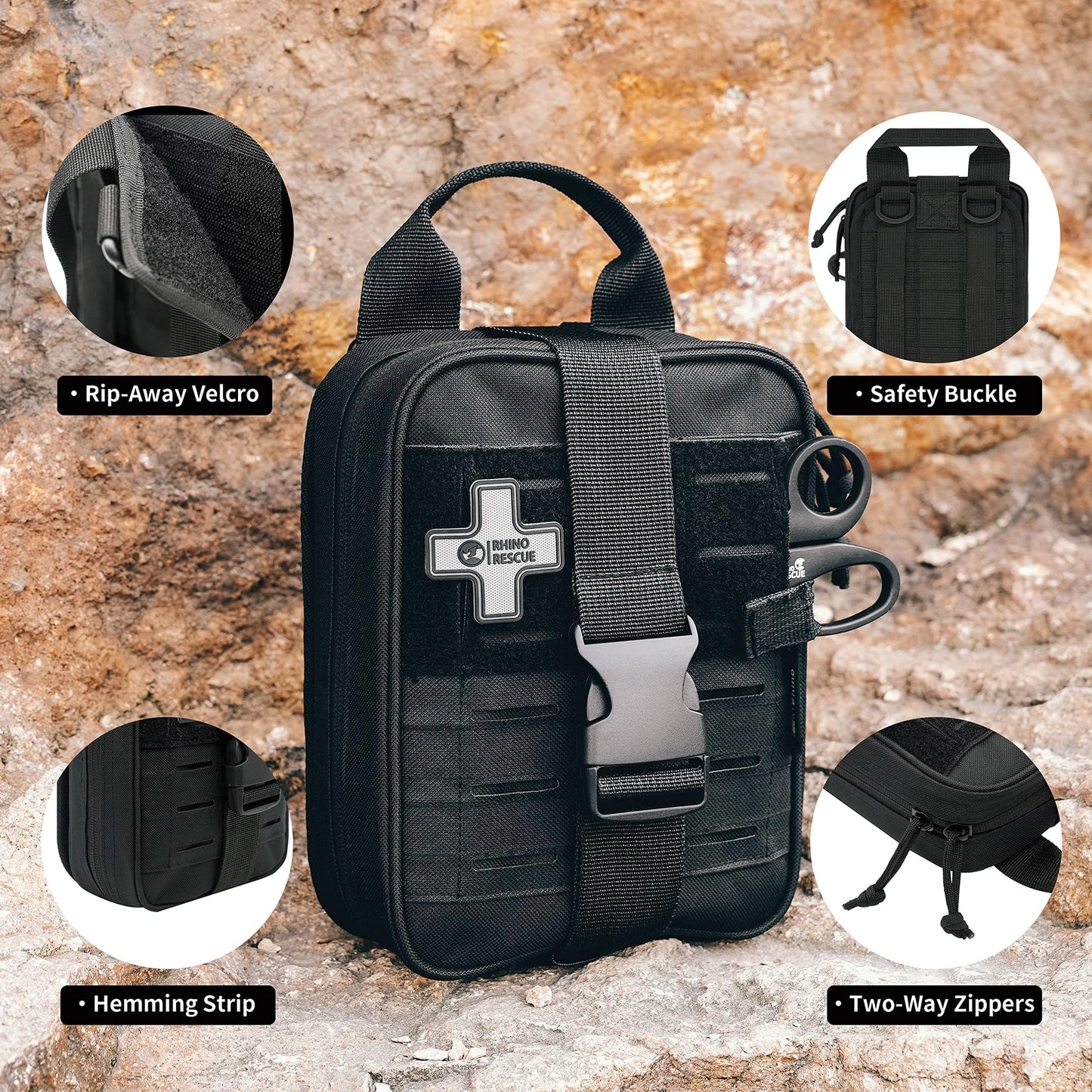 RHINO RESCUE Survival First Aid Kit, Emergency Kit Molle Pouch IFAK Medical Kit for Vehicles Car Camping Backpacking Hiking Hunting Black