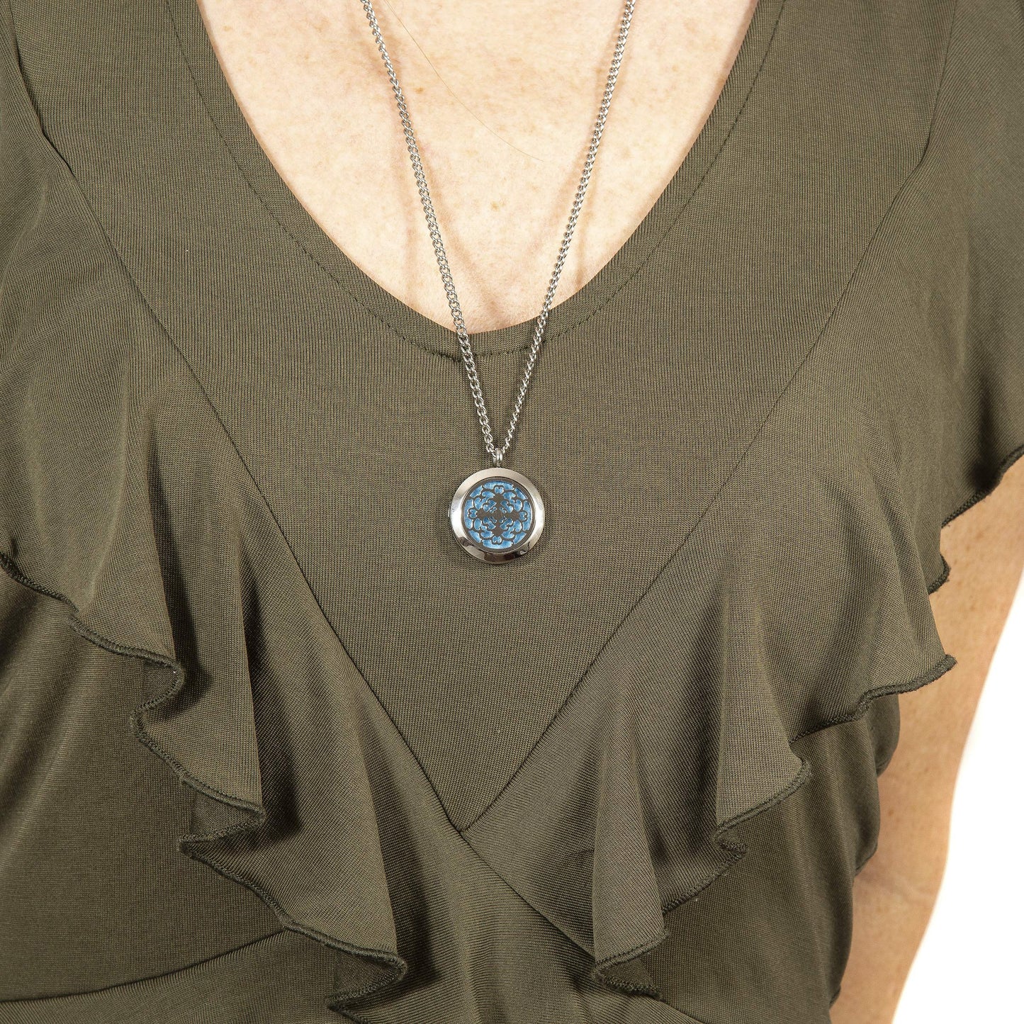 Wild Essentials Cross Essential Oil Diffuser Necklace, Stainless Steel Locket Pendant with 24 inch Chain, 12 Color Refill Pads, Customizable Color Changing Perfume Jewelry for Aromatherapy