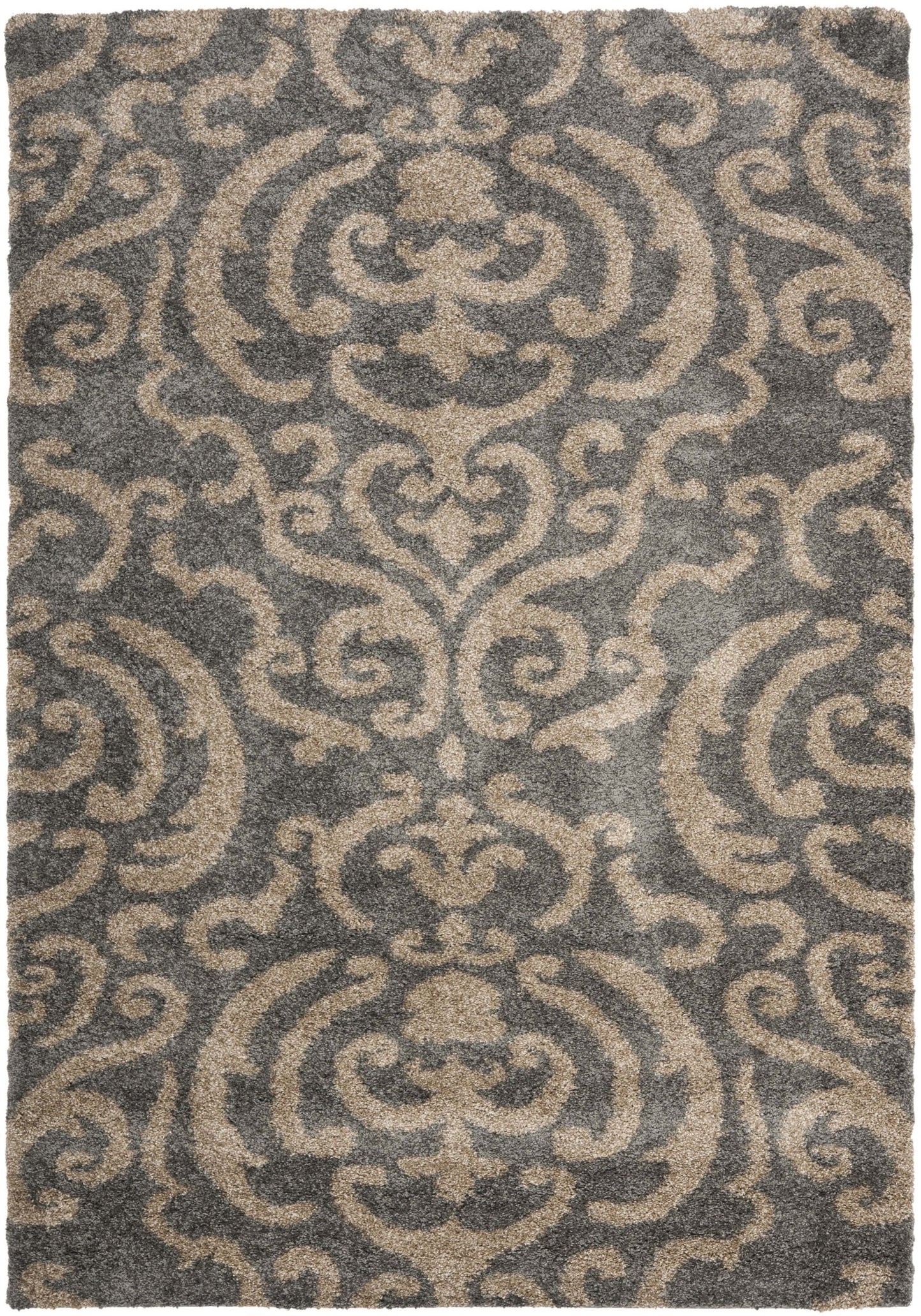 SAFAVIEH Florida Shag Collection Area Rug - 5'3" x 7'6", Grey & Beige, Damask Design, Non-Shedding & Easy Care, 1.2-inch Thick Ideal for High Traffic Areas in Living Room, Bedroom (SG462-8013)