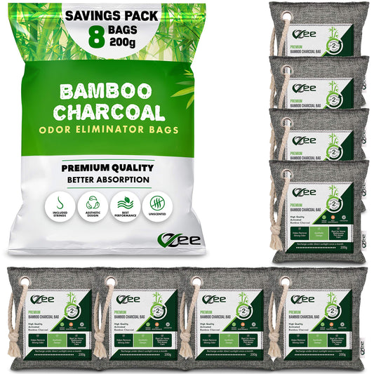 8 XL Bags x 200g Nature Fresh Activated Odor Absorber, Bamboo Charcoal Air Purifying Bag, Odor Eliminator for Home, Car, Cigarette Smoke, Dog, Cat, Shoes
