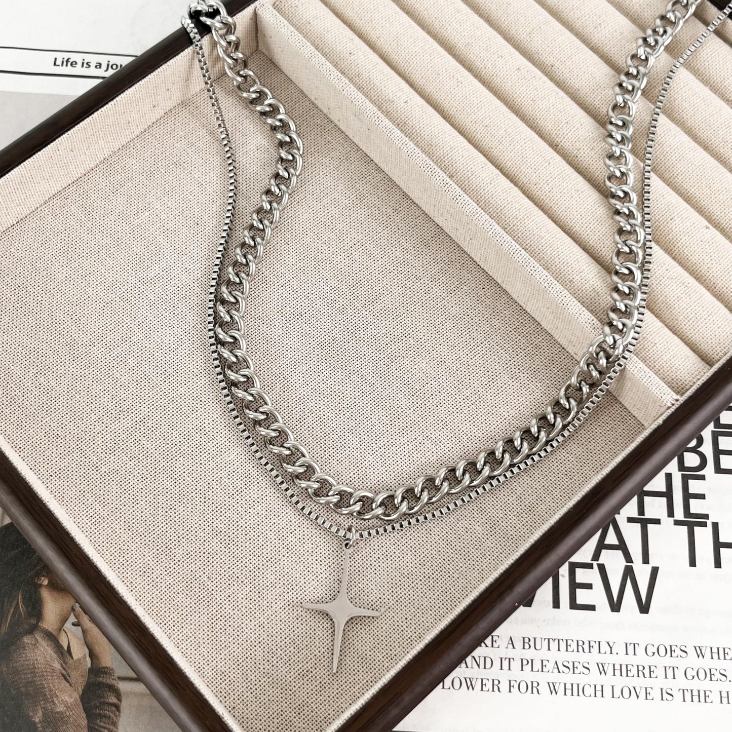 Buyongwant Cross Star Necklace for Women Irregular Y2k Double Layered Chain Fashion Jewelry Silver