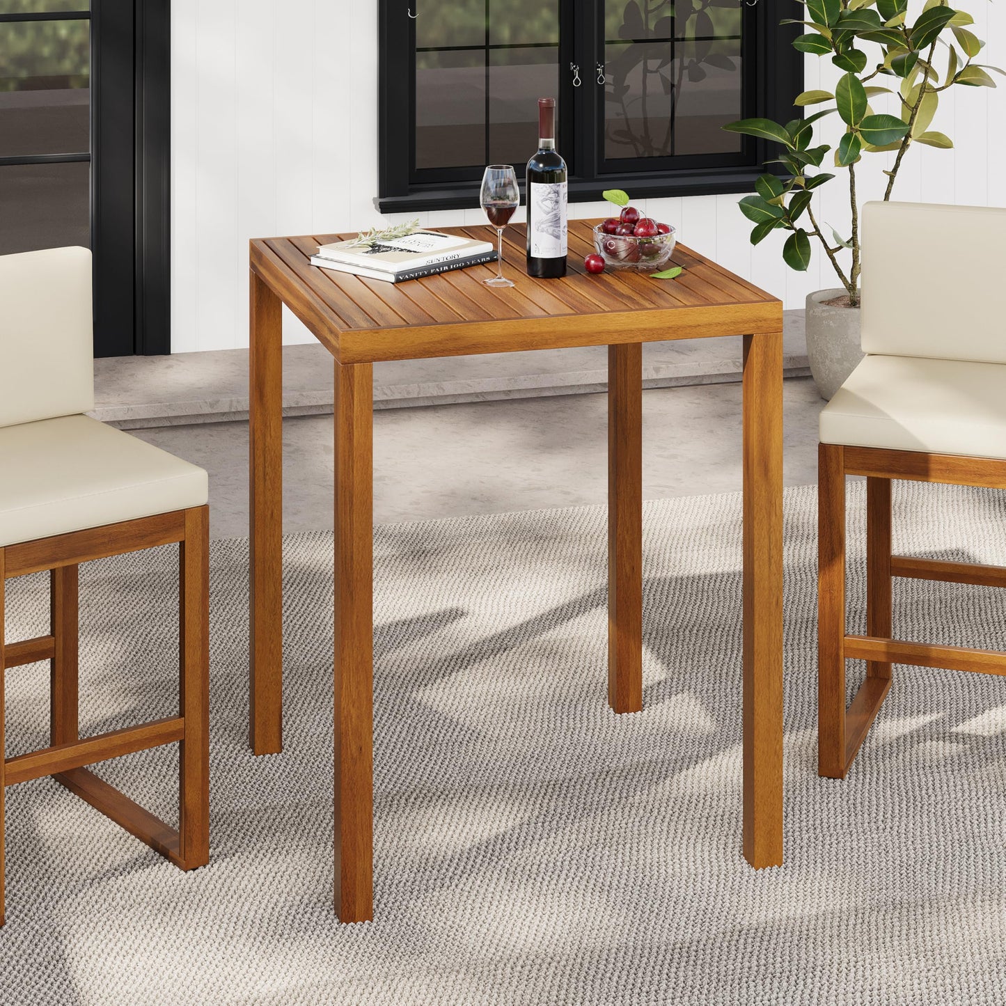 Christopher Knight Home Gree Acacia Wood Outdoor Bar Table, Wooden Patio Bar Height Table, Square Kitchen Coffee Bar Table, Patio Furniture Set, Teak