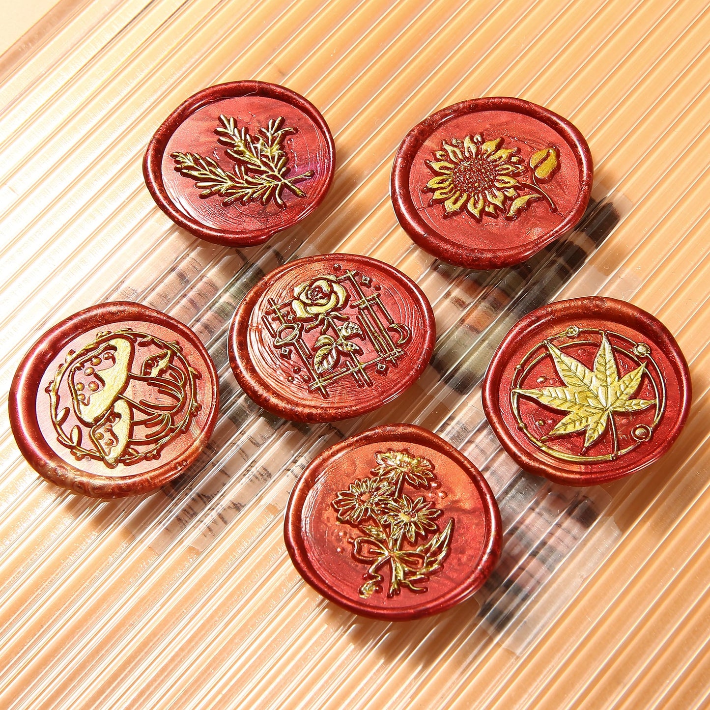 Comealltime 6pcs Wax Seal Stamp Set with Gift Box, Sealing Copper Stamps + 1 Wooden Handle, Sealing Stamp Kit (Rose,Wheat,Sunflower,Daisy,Mushroom,Maple) for Birthday Wedding Cards Envelopes (Plant)