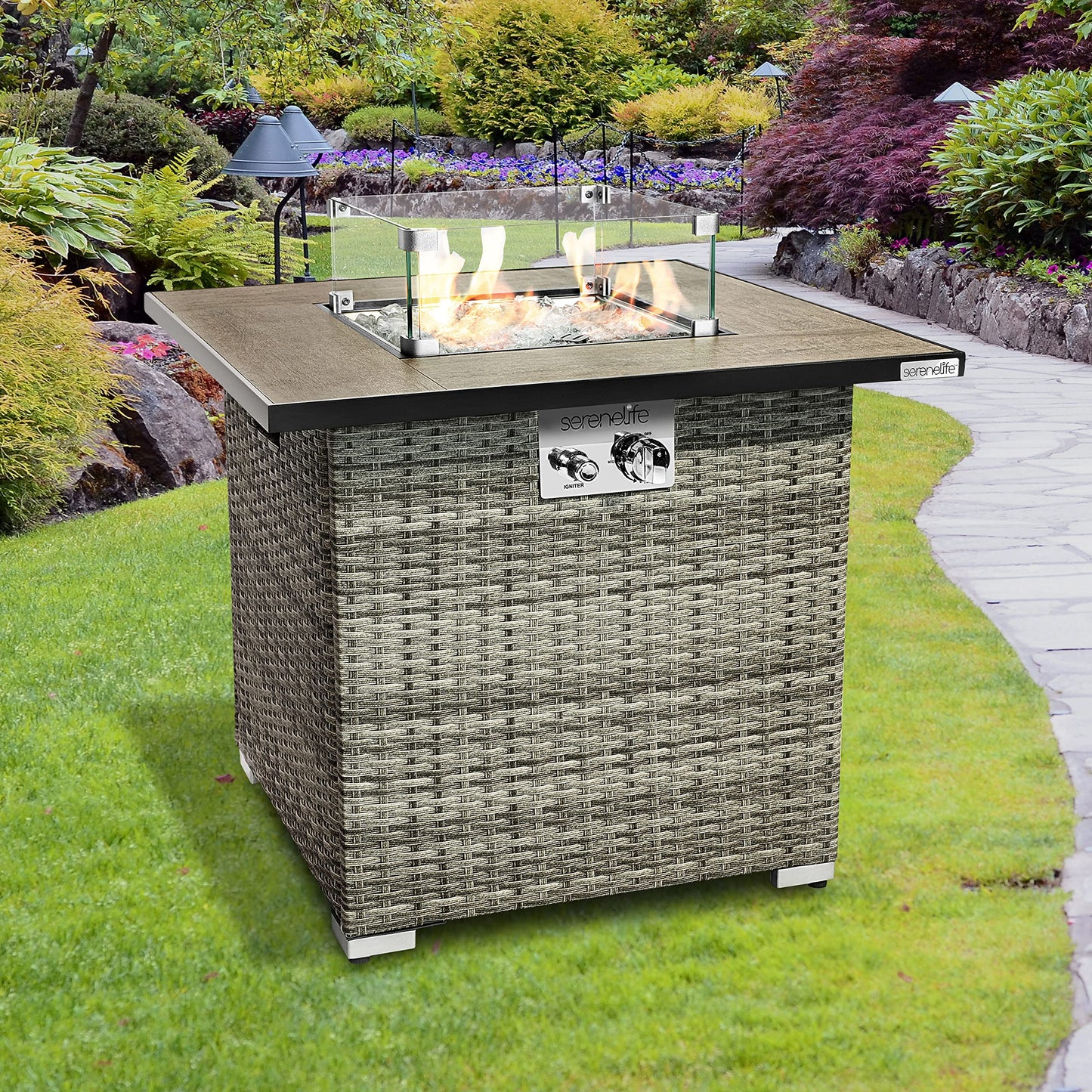 SereneLife Propane Fire Pit Table, 50000 BTU CSA/ETL Certified Safe Gas Table with Sturdy Wicker Base, Stainless Steel Burner, Glass Wind Guard & Cover, Outdoor Fireplaces for Parties