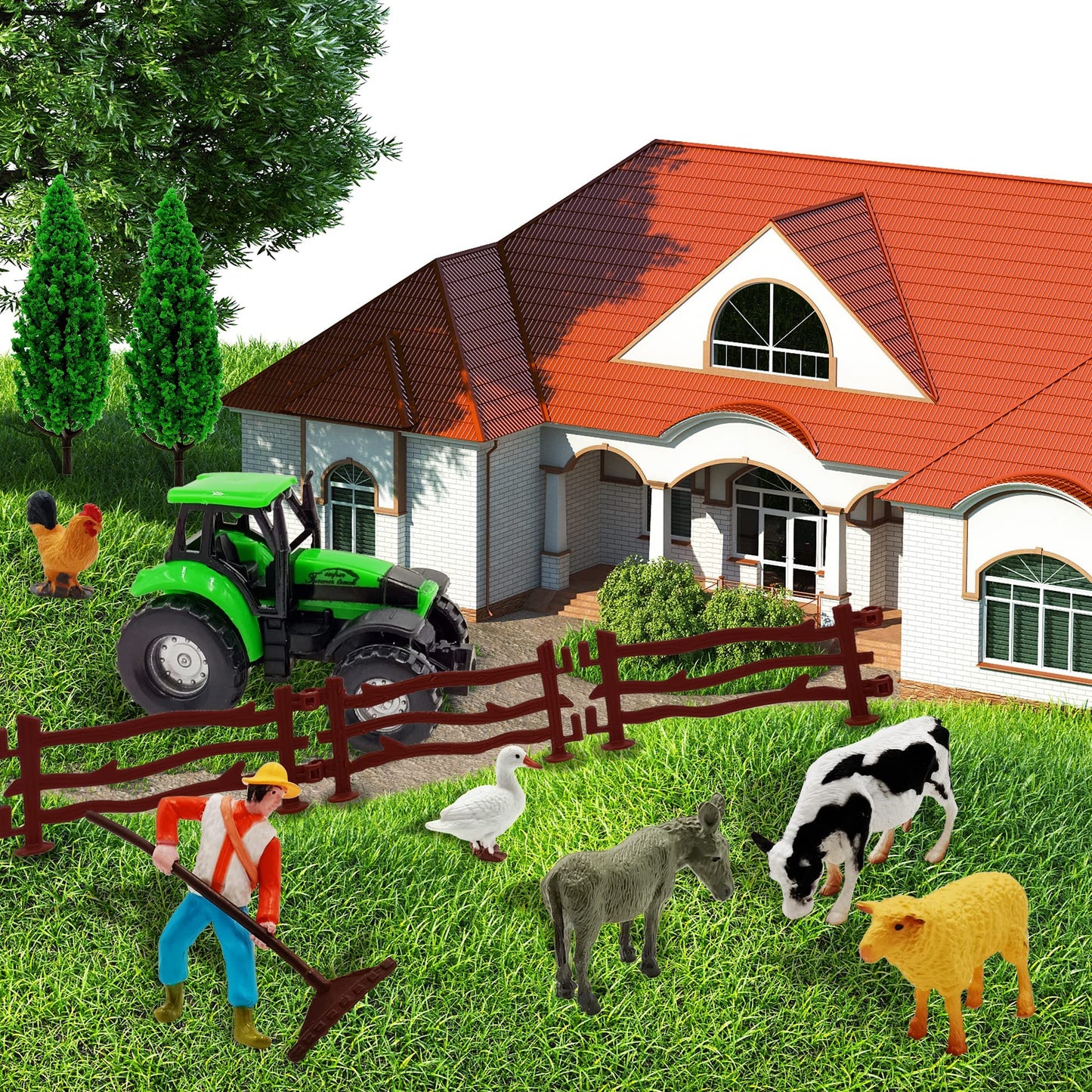 26 PCS Mini Farm Animal Tractor Cake Topper Set with Tree Farmer Fences Cow Pig Sheep Figures Tractor farmer Cake Topper for Boy Girl Birthday Party Decorations