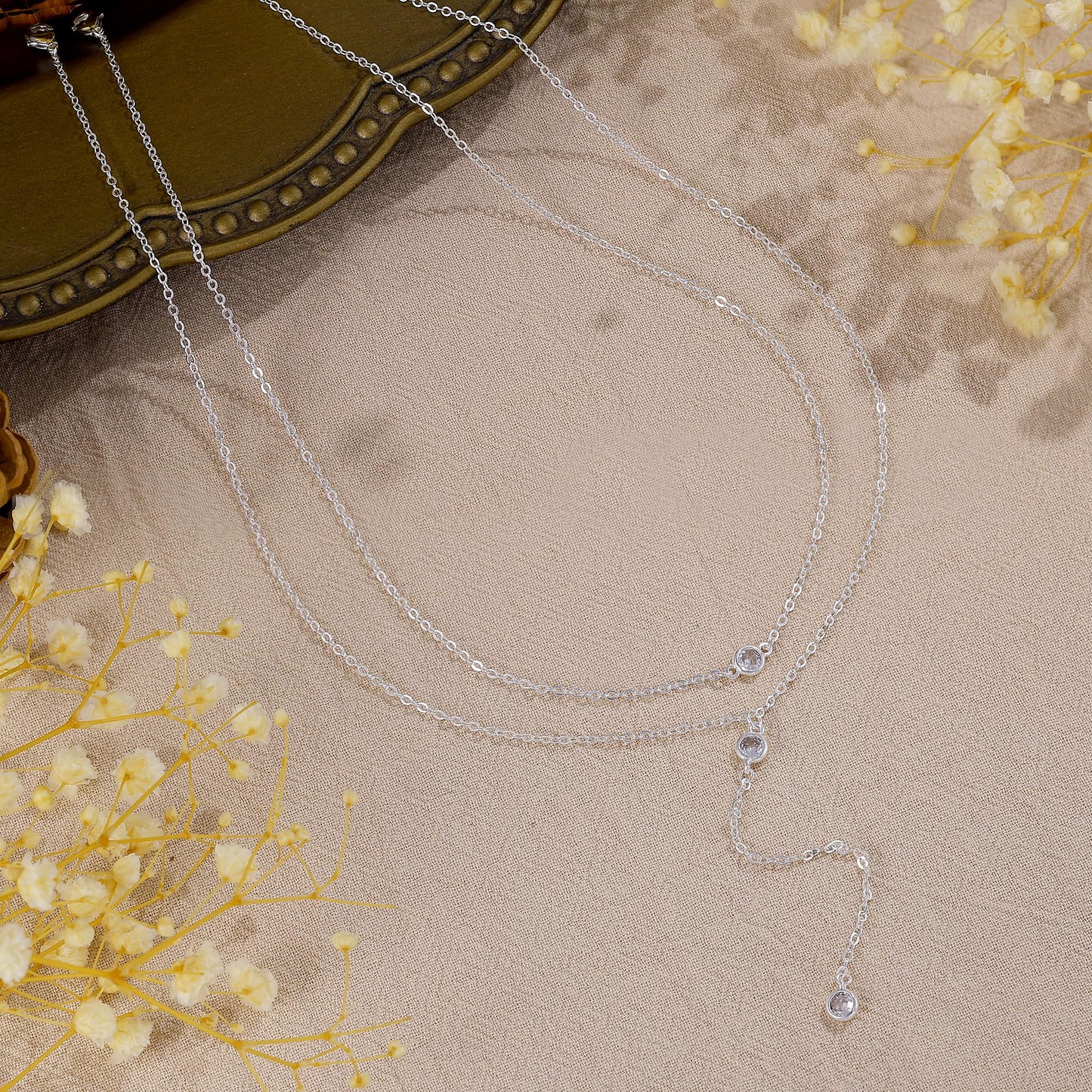Poaiiu Lariat Sliver Plated Necklace for Women, Sliver Plated Dainty Long Layered Y Necklaces CZ Pendant Choker Necklace Simple Trendy Jewelry Gift for Women