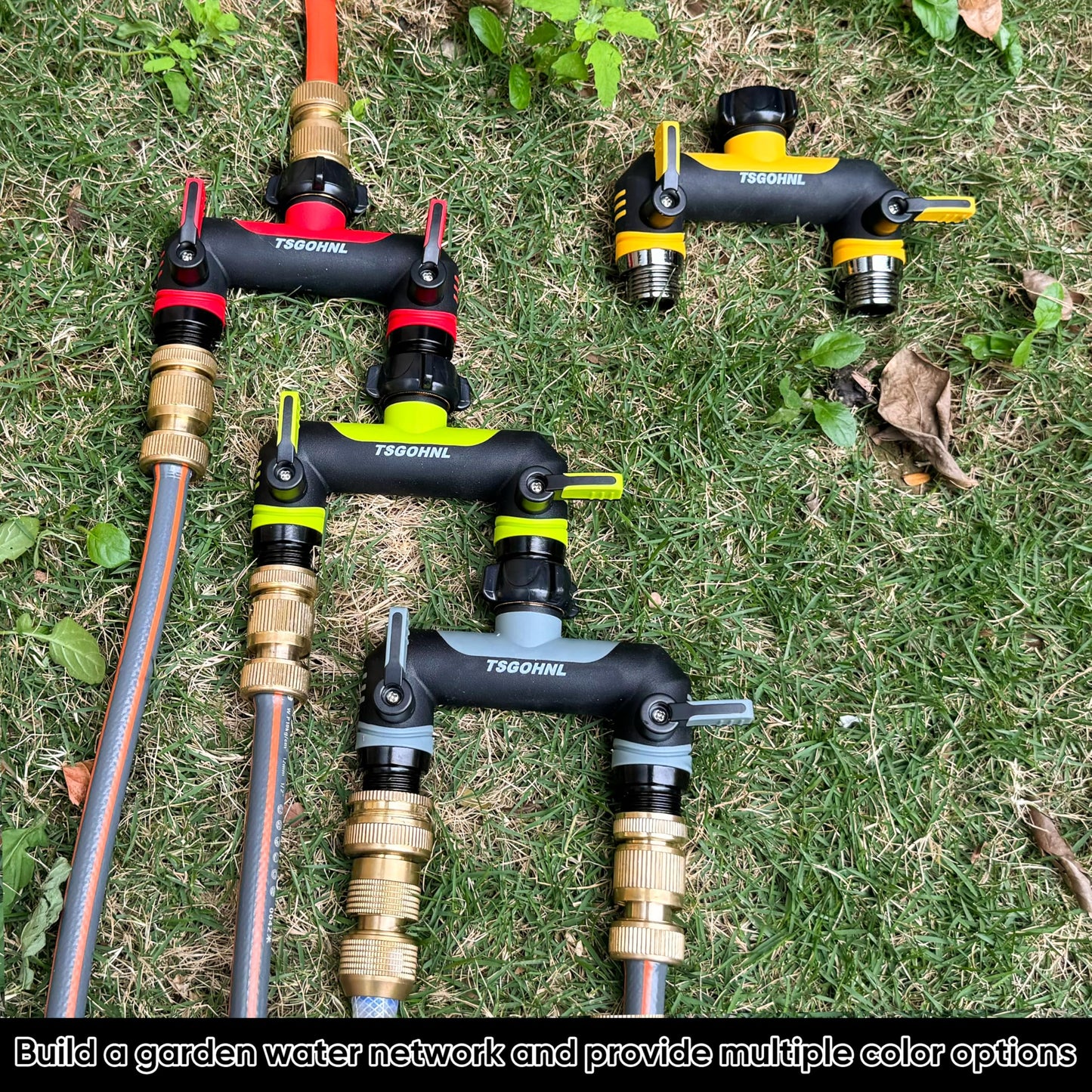 2 Way Garden Hose Splitter, 3/4 Inch Outdoor Faucet Splitter, Hose Manifold with Independent Shut Off Valves, Wide Spacing for Hose Timers, Sprinklers, Lawn, Yard and Garden Watering - Green