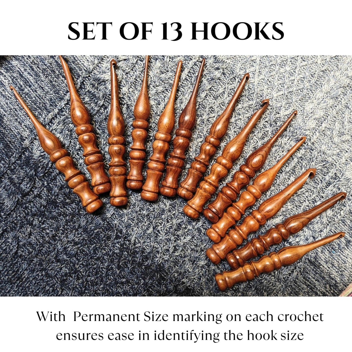 Shesham Wood Crochet Hooks Set of 13 - Sizes 3.5 mm to 12 mm – Premium Wooden Hooks for Knitting and Crocheting | Natural Wood Craft Tools | Perfect Mother's Day Gift