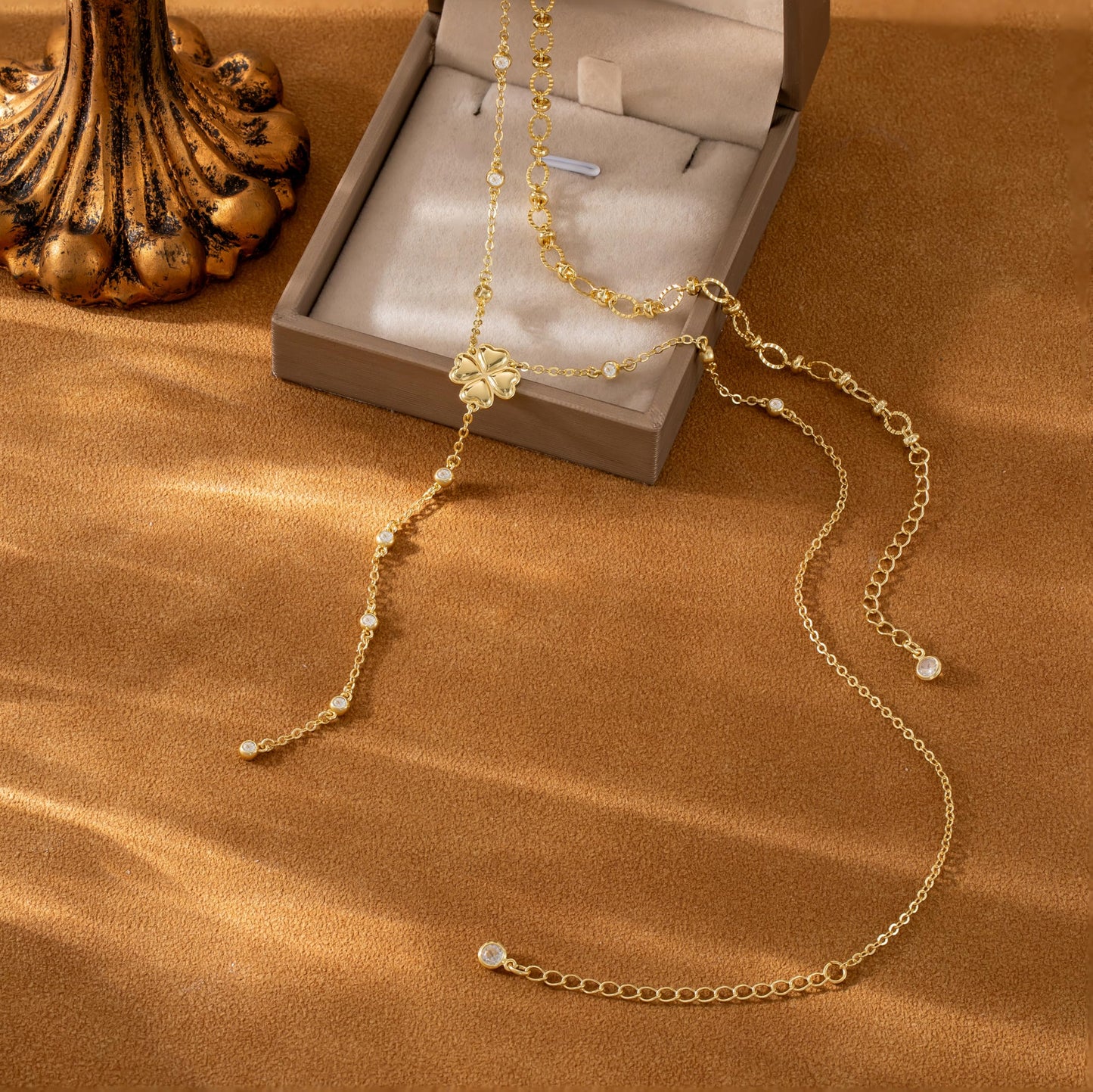 CHESKY Lariat Gold Necklace for Women, Dainty Long Necklace 14k Gold Plated Y-Shaped Pendant Necklace Trendy Paperclip Chain Four Leaf Drop Necklaces Simple Gold Jewelry for Women Gifts