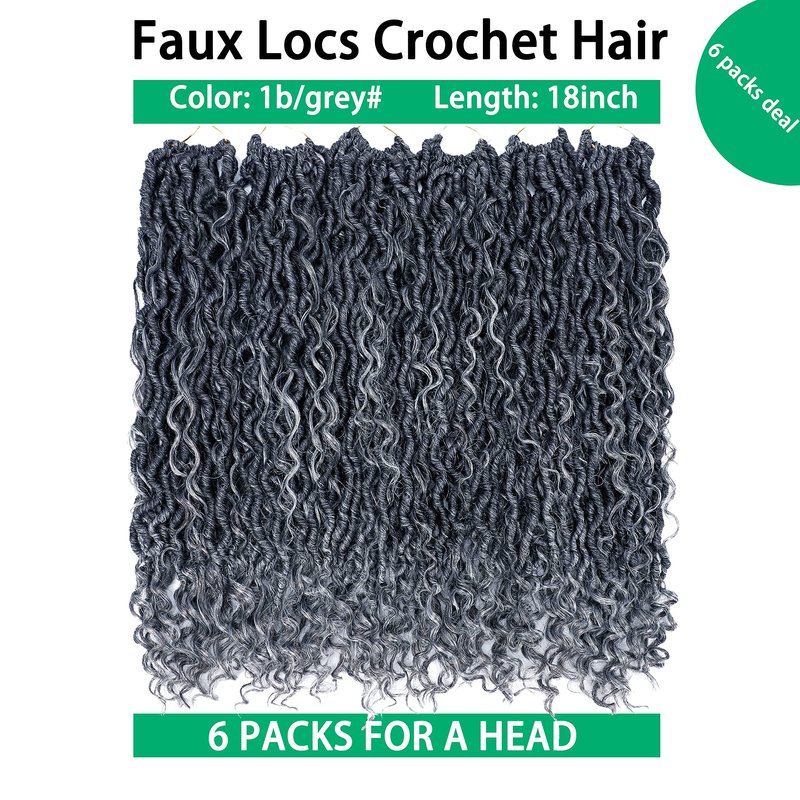Faux Locs Crochet Hair 18 Inch Goddess Locs Ombre Grey Crochet Hair for Women 6 Packs Soft River Gray Pre Looped Braids with Curly Ends Boho Hippie Synthetic Hair Extensions, 1b/grey