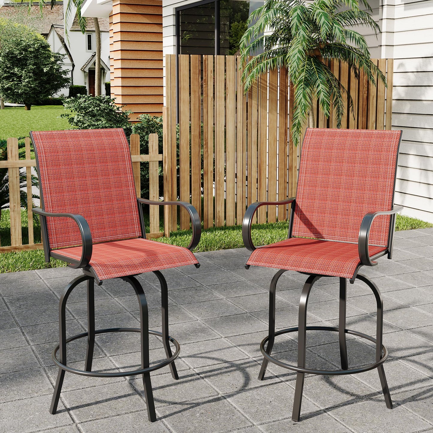 Outdoor Swivel Bar Stools Set of 2, Bar Height Patio Chairs with High Back & Armrest, All-Weather Textilene Fabric 360° Swivel Tall Barstools for Patio, Deck, Backyard, Garden