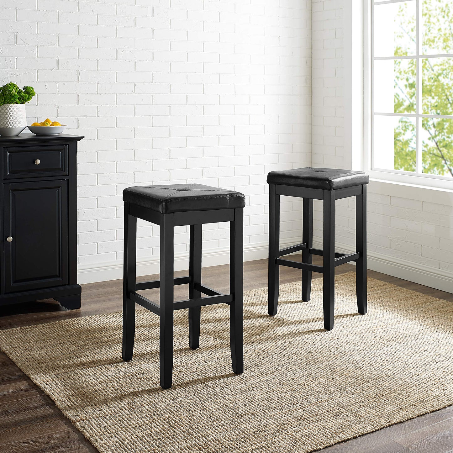Crosley Furniture Upholstered Square Seat Bar Stools Set of 2, Black, 29-inch