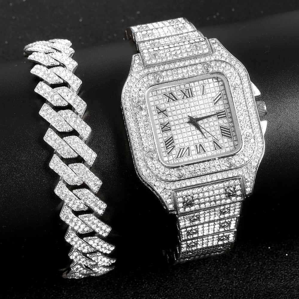 Gold Cuban Chain Watch Set