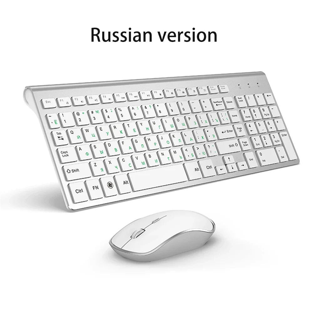 Russian layout 2.4G Wireless Keyboard and Mouse Set,Ergonomic  USB Portable slim design, full size Keyboard Mouse silver white