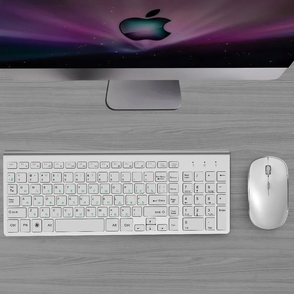 Russian layout 2.4G Wireless Keyboard and Mouse Set,Ergonomic  USB Portable slim design, full size Keyboard Mouse silver white