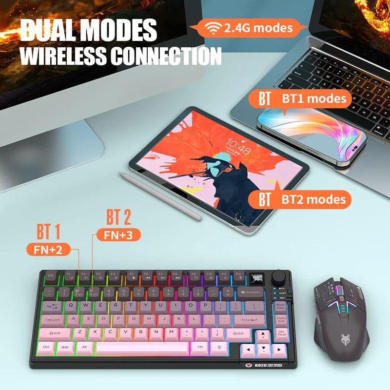 4 Color Combinations Keyboard Mouse Set, Premium Dual Mode Rechargeable Combo, Keyboard with Screen & Control Knob