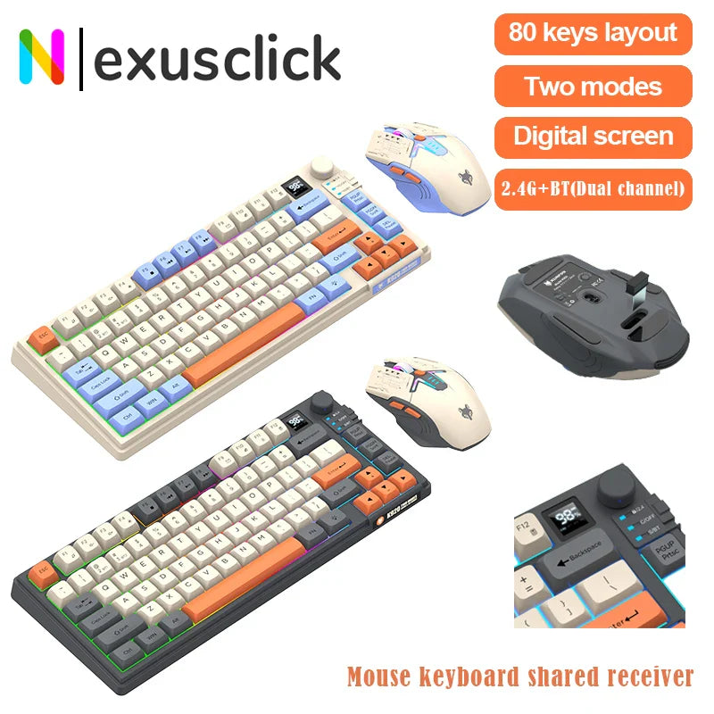 4 Color Combinations Keyboard Mouse Set, Premium Dual Mode Rechargeable Combo, Keyboard with Screen & Control Knob